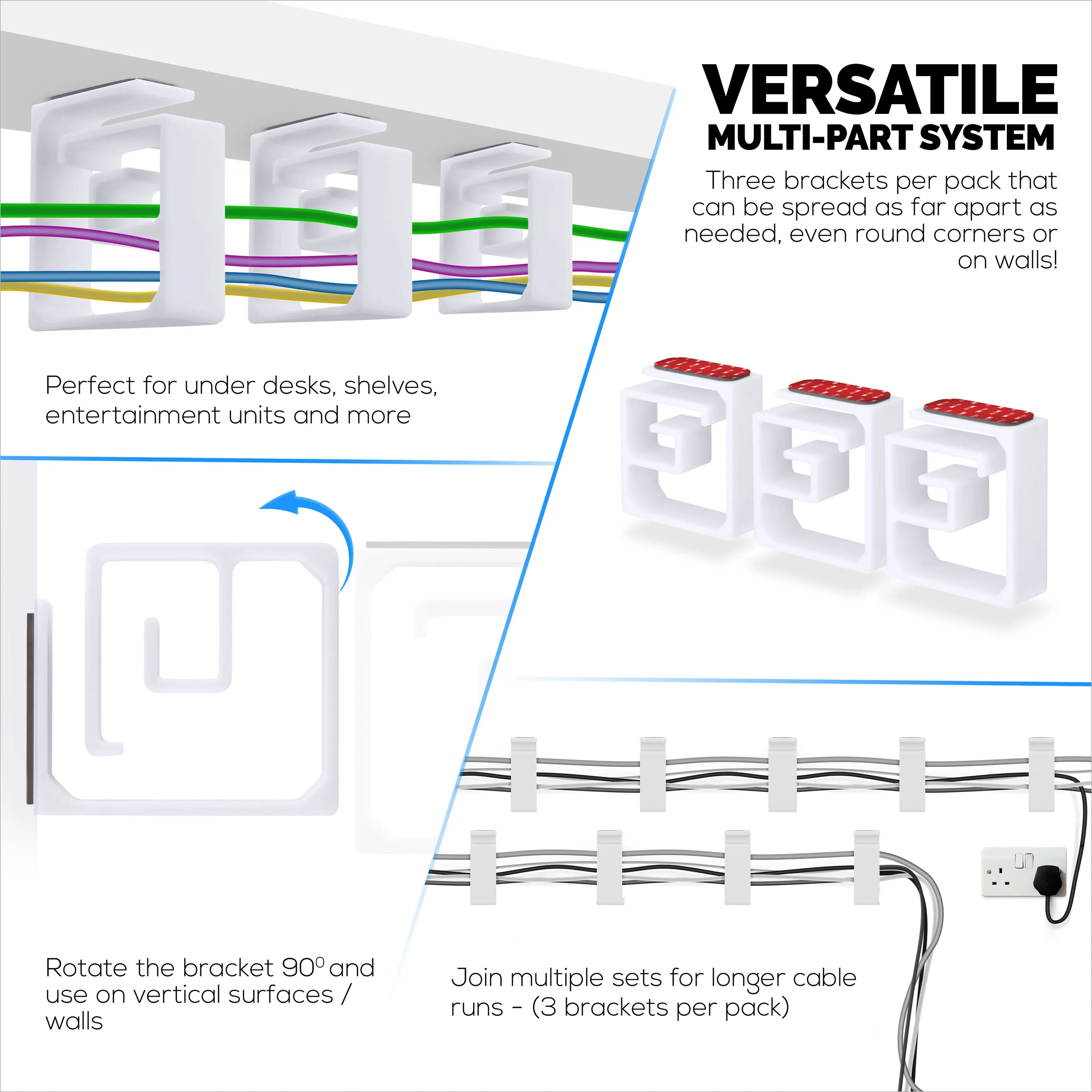 3pc VHB Cable Organizer Holder, For Heavy Cables, PC Cords & Wires with Strong Adhesive, Under Desk Mount Management System - XL