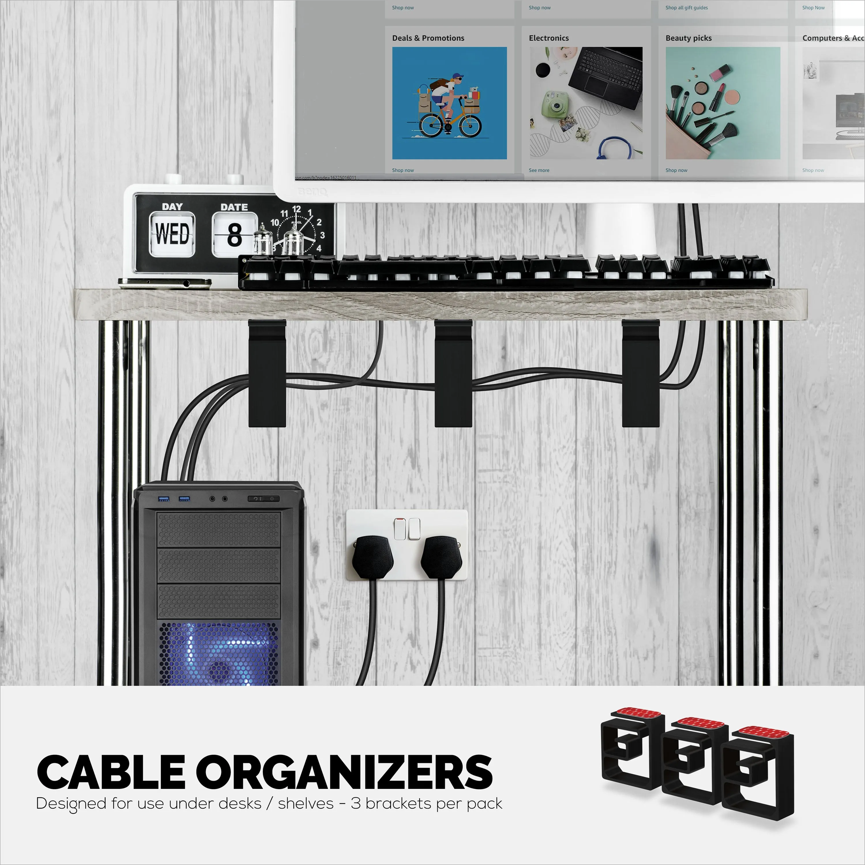 3pc VHB Cable Organizer Holder, For Heavy Cables, PC Cords & Wires with Strong Adhesive, Under Desk Mount Management System - XL