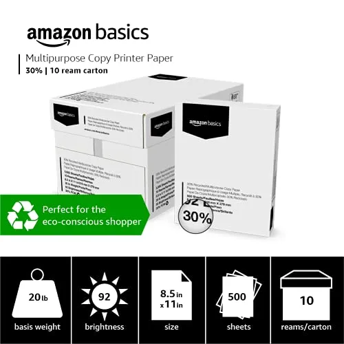 Amazon Basics 30% Recycled Multipurpose Copy Printer Paper, 8.5" x 11", 10 Reams , 5000 Count (Sheets), White