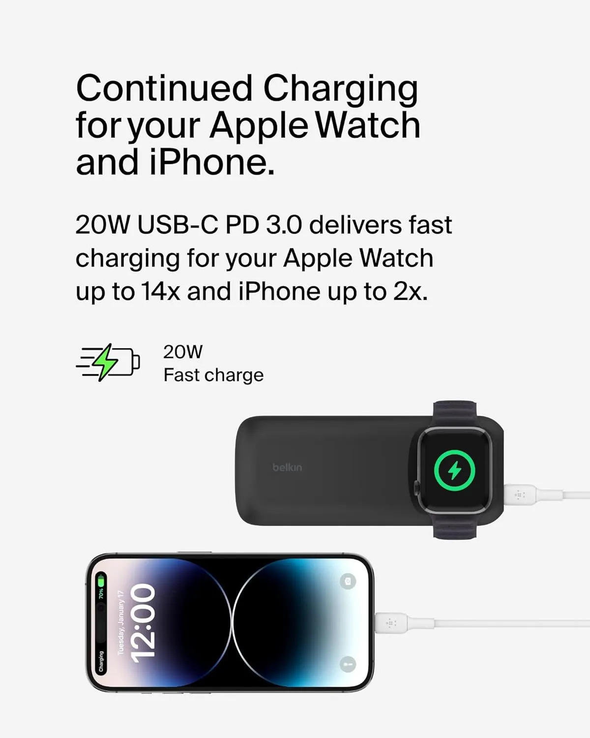 Belkin 10000 mAh Power Bank with 7.5W Fast Wireless Apple Watch | Ultra 1 & 2 | AirPods Pro (2nd Generation) Charger, 20W USB-C PD Port - Black