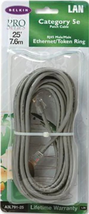 Belkin Cat5E Snagless Patch Cable Rj45 Connectors 25 Ft. Gray