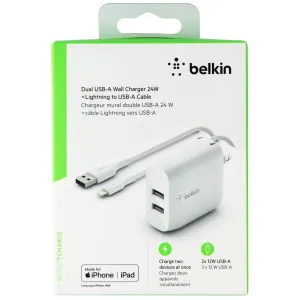 Belkin Dual USB Wall Charger (24W)   Lightning 8-Pin Cable for iPhone - White