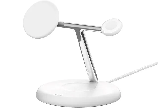 Belkin Wiz009vfwh-V2 - Magnetic 3-In-1 Wireless Charging Stand With Qi2 15W, White