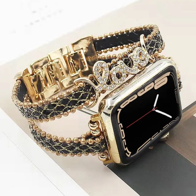 Bohemia Strap For Apple Watch Series 10 9 8 7 Band 41/45mm 38 42 40 44mm Luxury Women Diamond Leather Bracelet Iwatch 5 4 3 6 Se - Watchbands