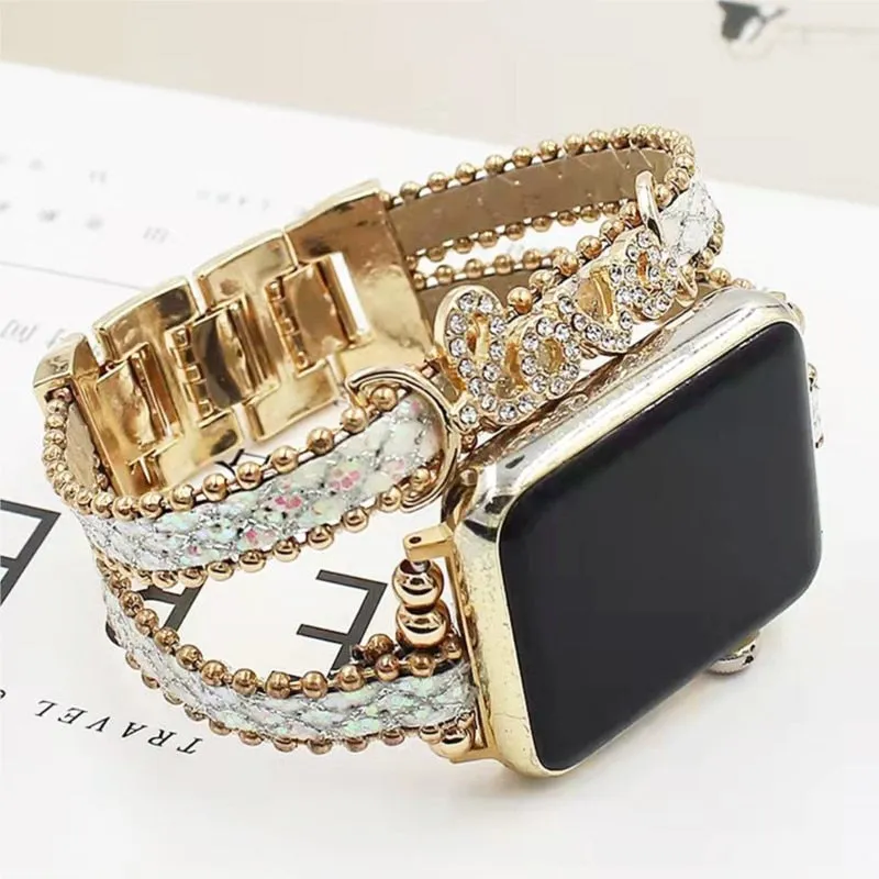 Bohemia Strap For Apple Watch Series 10 9 8 7 Band 41/45mm 38 42 40 44mm Luxury Women Diamond Leather Bracelet Iwatch 5 4 3 6 Se - Watchbands