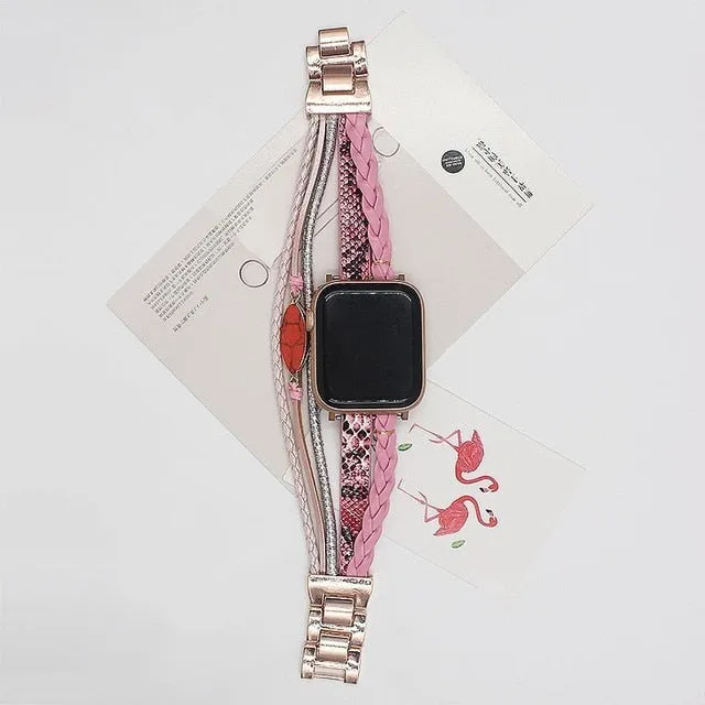 Bohemia Strap For Apple Watch Series 10 9 8 7 Band 41/45mm 38 42 40 44mm Luxury Women Diamond Leather Bracelet Iwatch 5 4 3 6 Se - Watchbands