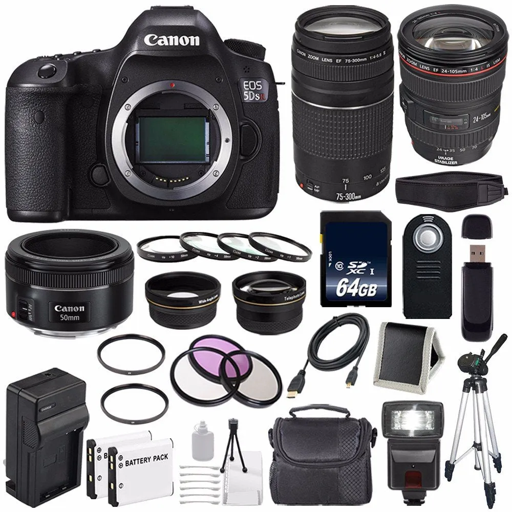 Canon EOS 5DS R DSLR Camera (International Model) 0582C002   Canon EF 24-105mm f/4L is USM Lens   Canon EF 75-300 III Supreme Bundle