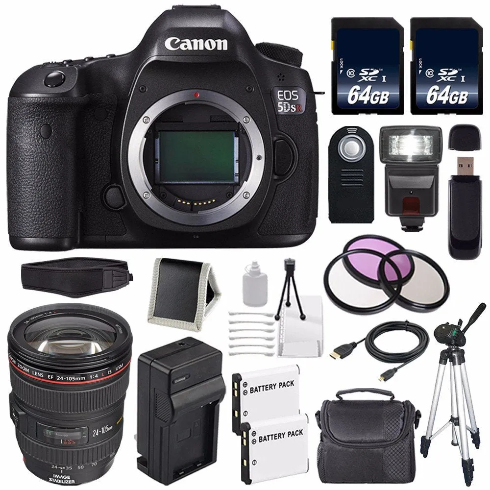 Canon EOS 5DS R DSLR Camera (International Model) 0582C002   Canon EF 24-105mm f/4L is USM Lens   LP-E6 Battery   64GB Card Base Bundle