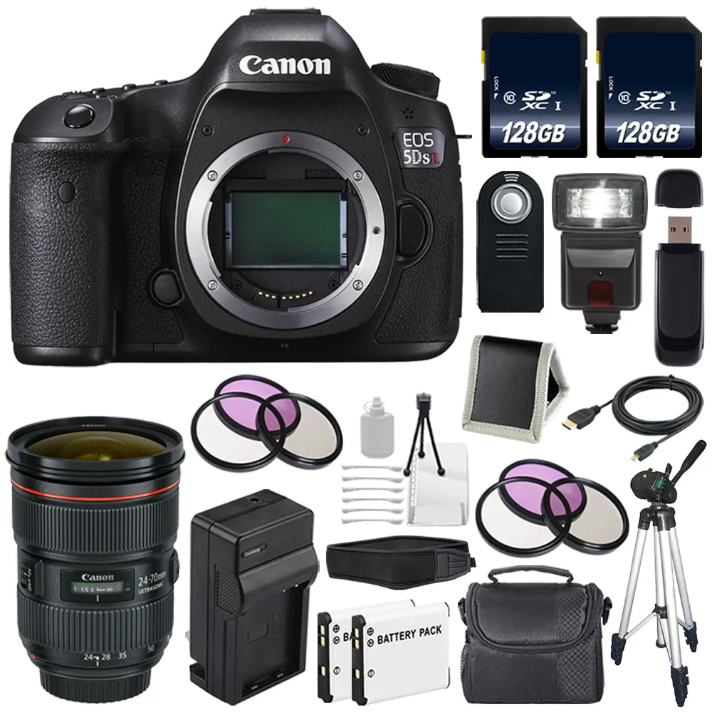 Canon EOS 5DS R DSLR Camera (International Model) 0582C002   Canon EF 24-70mm f/2.8L II USM Lens   LP-E6 Battery   128GB Card Pro Bundle