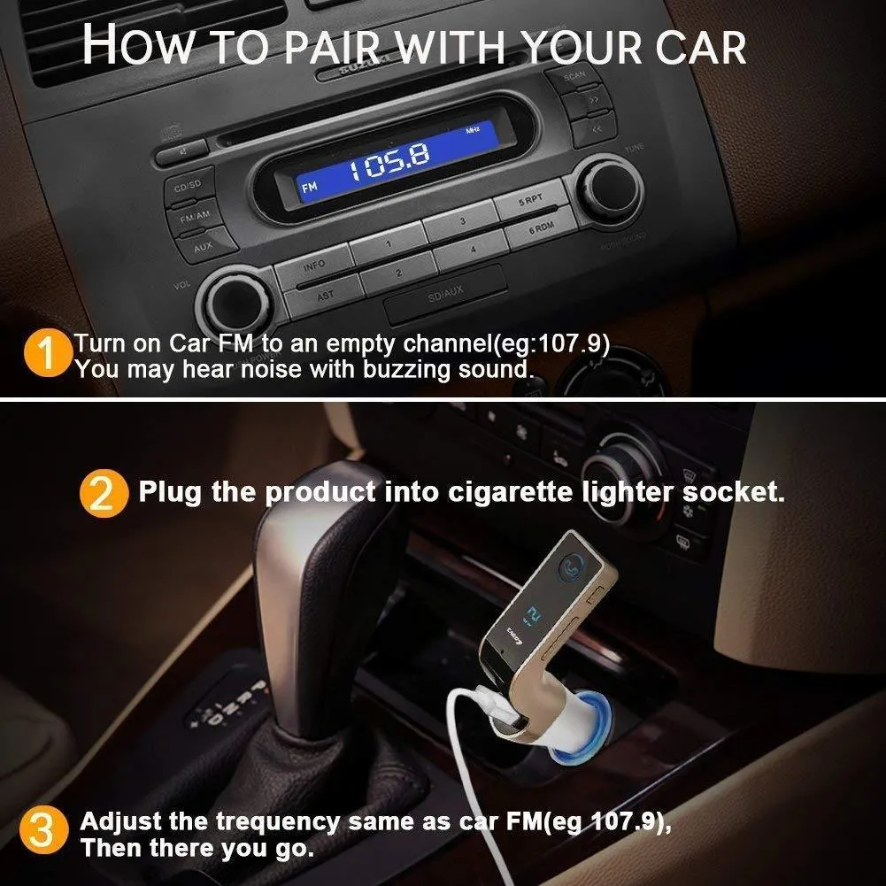 CARG7 Bluetooth Car Charger FM Kit MP3 Transmitter USB and TF Card Slot with in Built Mic Hands-Free Calling for All Android and iOS Devices