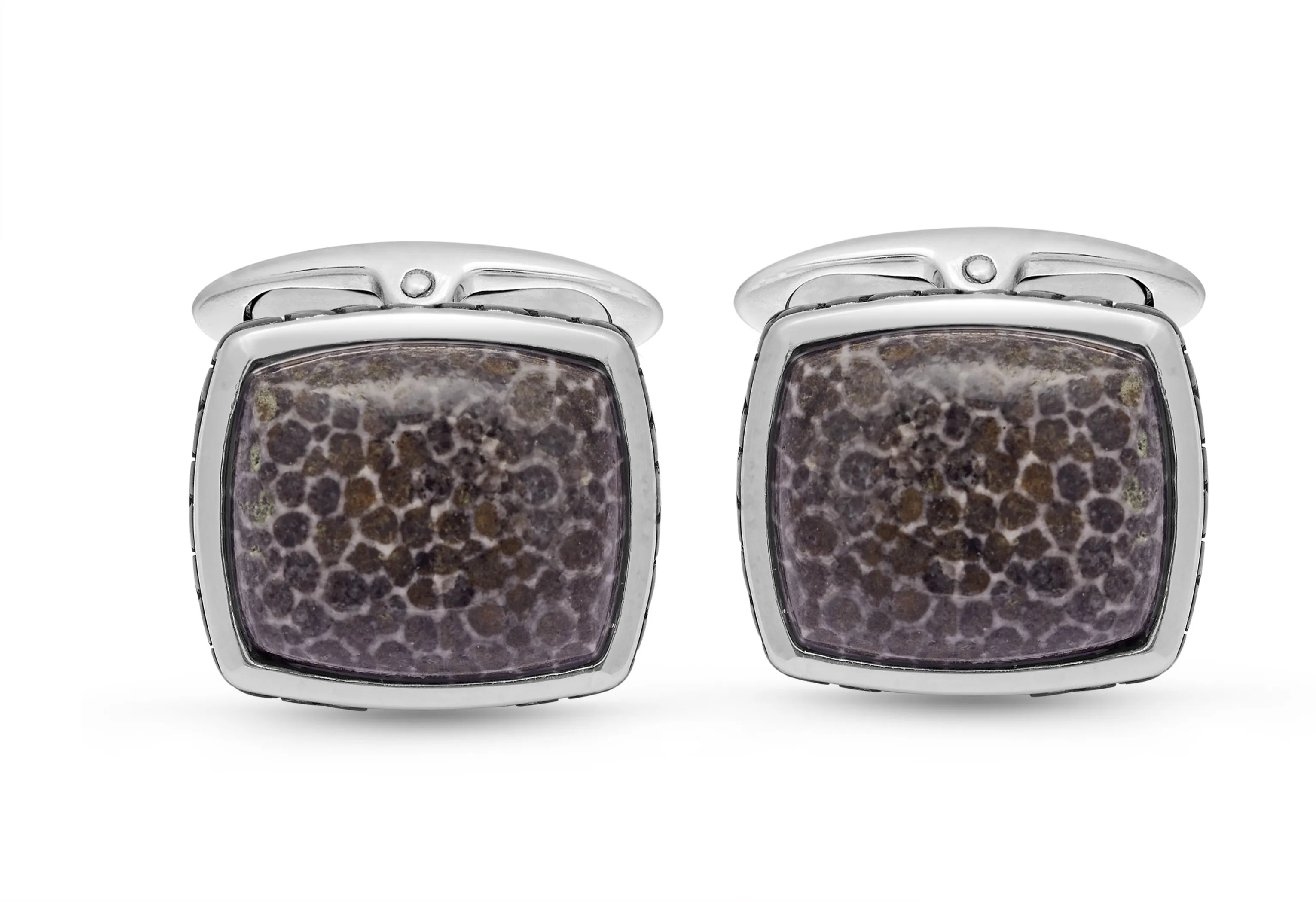 Fossil Agate Stone Cufflinks in Black Rhodium Plated Sterling Silver