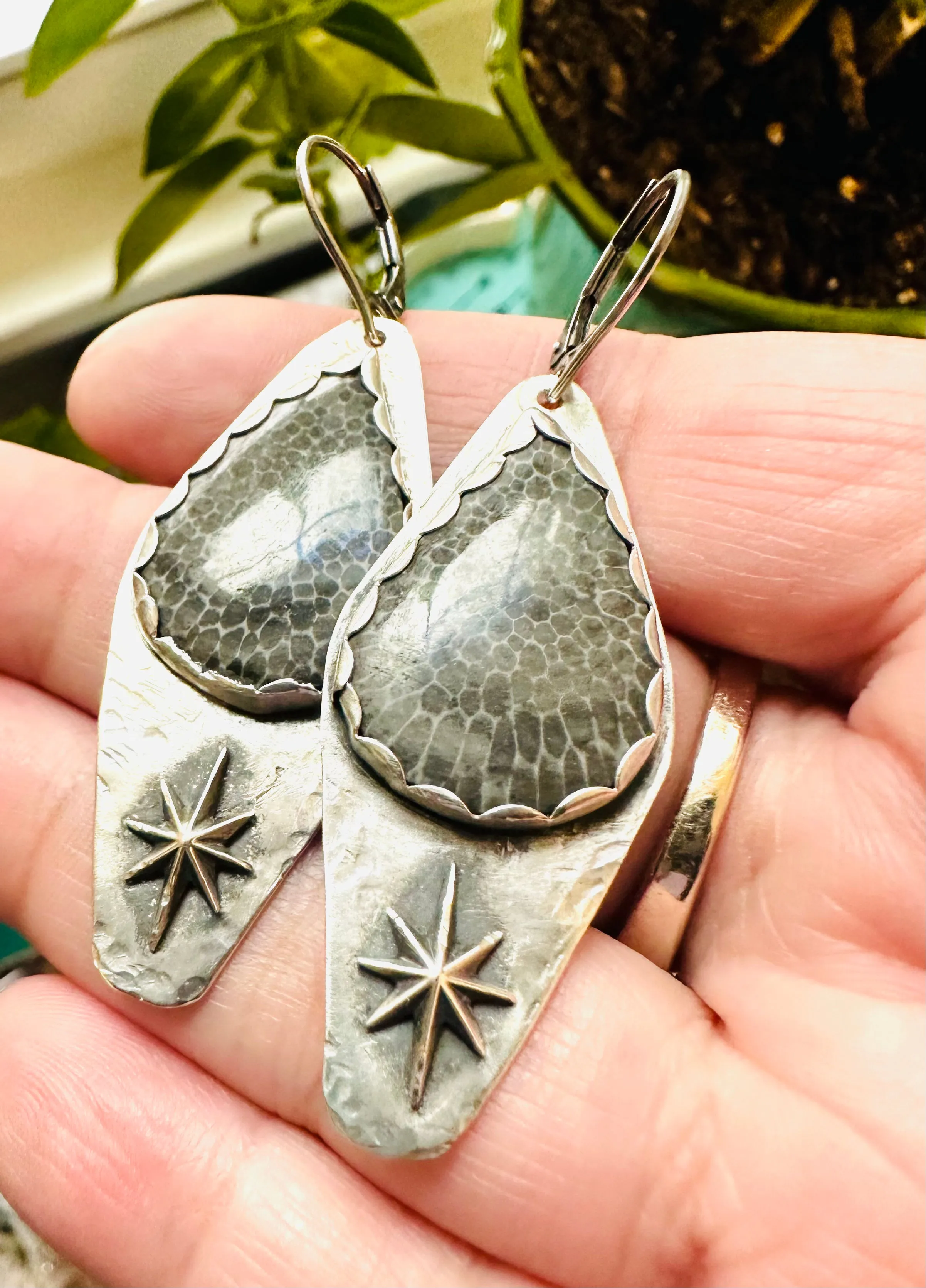 Fossil Earrings, Silver Star and Fossil Earrings