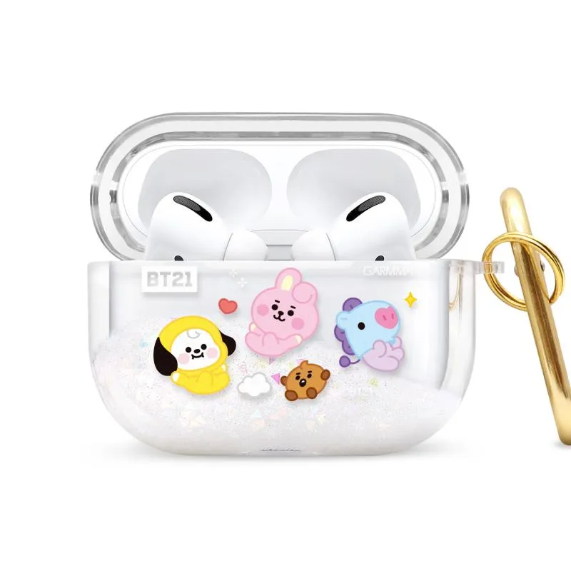 GARMMA BT21 Glitter Quicksand Apple AirPods Case Cover with Carabiner Clip