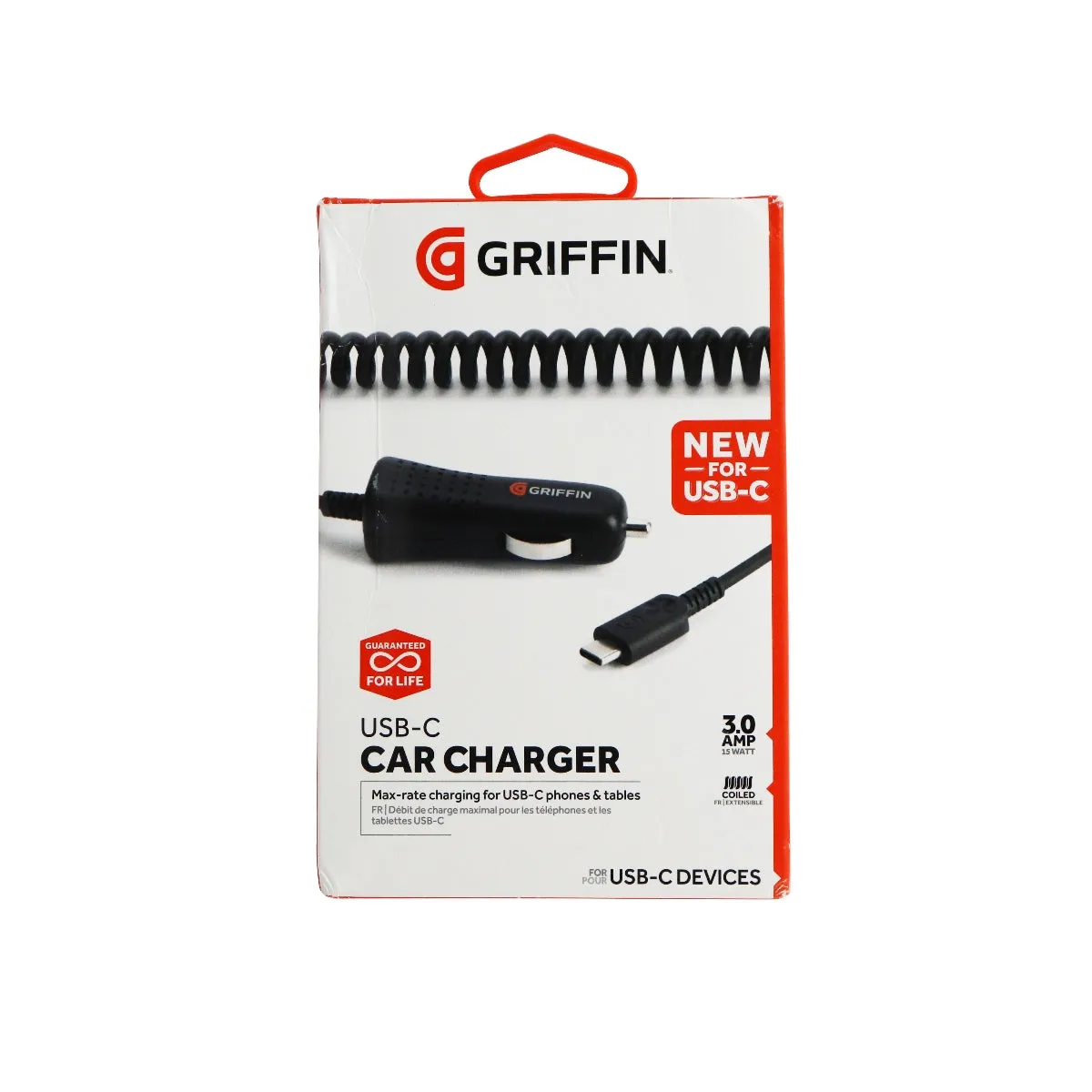 Griffin PowerJolt SE 3FT USB-C (Type C) 15W 3A Coiled Car Charger - Black