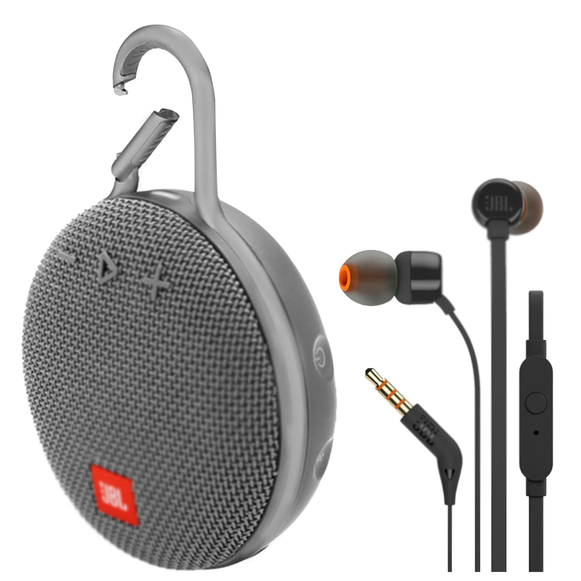 JBL Clip 3 Portable Wireless Bluetooth Speaker Gray and JBL T110 in Ear Headphones