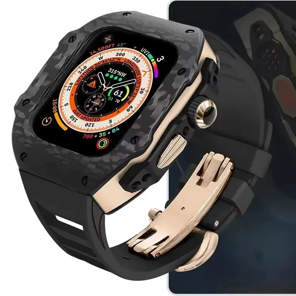 Luxury Carbon Fiber Case Modification Kit for Apple Watch Ultra 2 49mm 44mm 45mm Case Fluororubber Strap Iwatch 9 8 7 6 SE 5 Mod