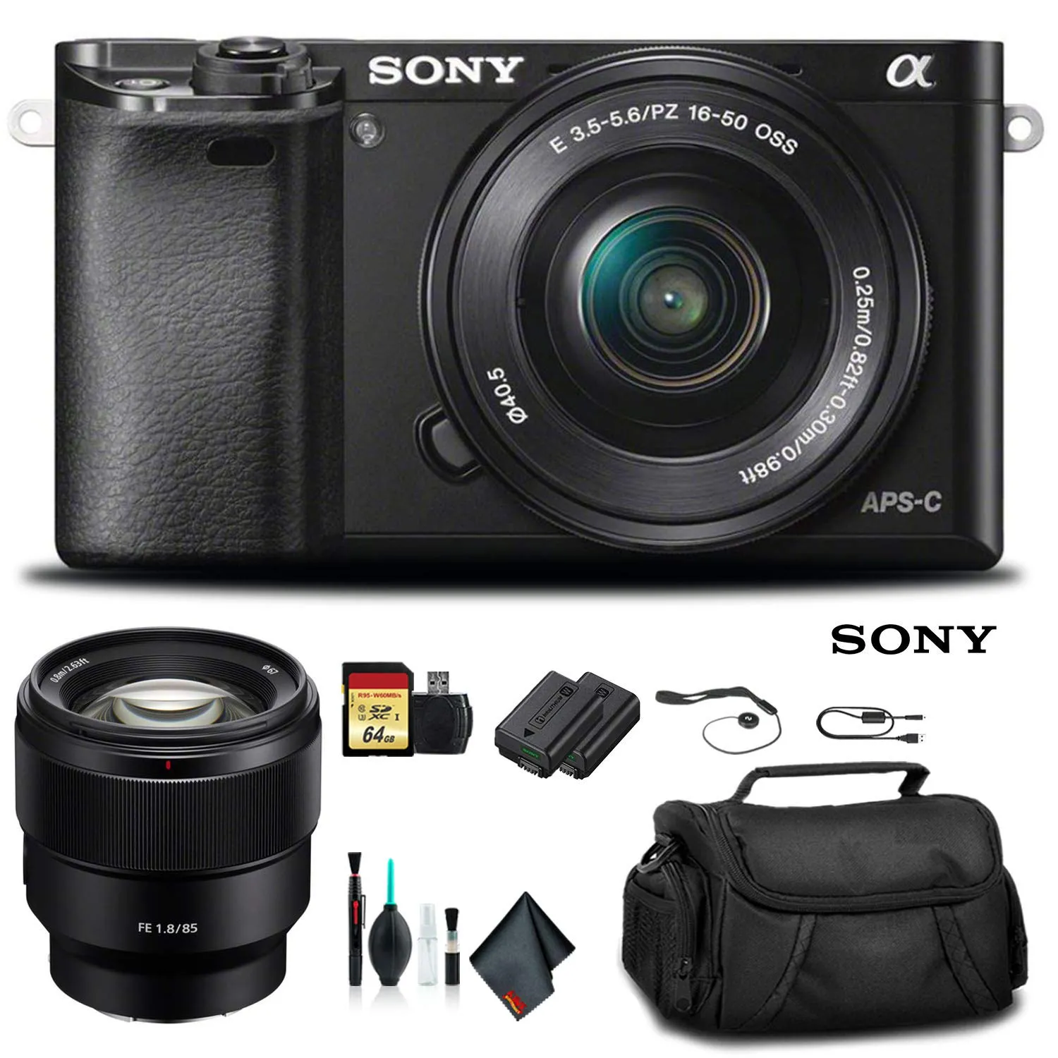 Sony Alpha a6000 Mirrorless Camera with 16-50mm Lens Black With Sony FE 85mm Lens, Soft Bag, Additional Battery, 64GB Memory Card, Card Reader , Plus Essential Accessories